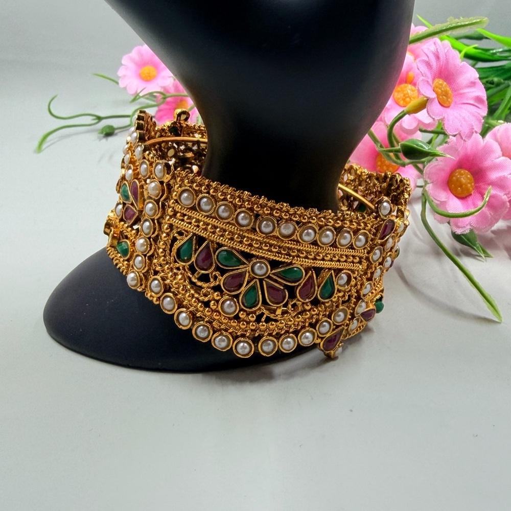 Vintage Gold and Multicolor Crystal and Pearl Bangle Bracelet